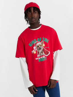 Футболка мужская красная новогодняя с корги