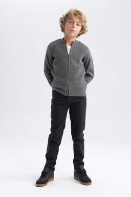 Серый школьный кардиган из хлопкового трикотажа с воротником колледжа для мальчика - Defacto фото 2