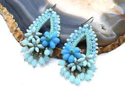 Серьги ручной работы капля в оплетении цв.аквамарин