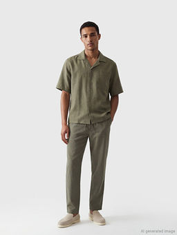 Regular Fit Keten G?r?n?ml? Erkek Pantolon