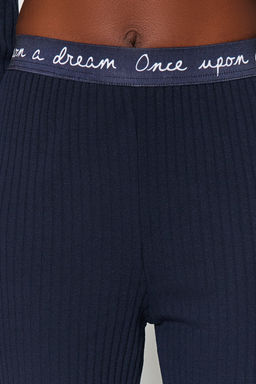 Lacivert Slogan Lastik Detayl? Fitilli Orme Pijama Tak?m? THMAW21PT0269