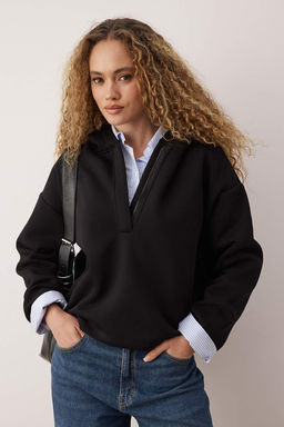 Siyah Kal?n Ici Polarl? Yar?m Pat Fermuarl? Oversize Kapusonlu Orme Sweatshirt TWOAW26SW00092 - Trendyolmilla фото 2