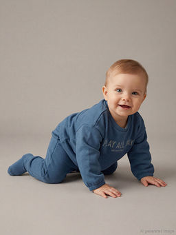 Bask?l? Erkek Bebek Sweatshirt ve Pantolon 2li