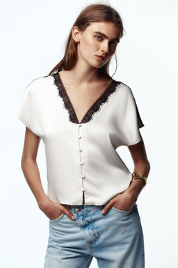 CONTRAST LACE SATIN BLOUSE - Zara фото 12