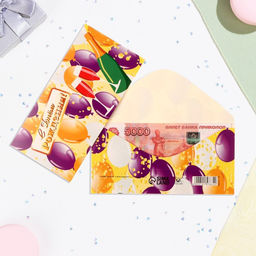 Цена за 10 шт. Конверт для денег С Днём Рождения! бокалы, шары, 16х8 см