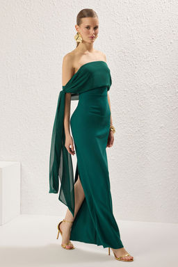 TRENDYOLMILLA Ac?k Mavi Carmen Yaka Dokuma Uzun S?k Abiye Elbise TPRSS25AE00115 фото 5