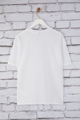 TRENDYOLMILLA Beyaz Nak?s ve Fiyonk Detayl? Oversize/Genis Kal?p Orme T-Shirt TWOSS25TS00118  фото 6