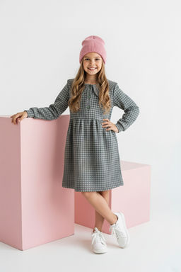 Siyah Ekose / Kareli Bebe Yaka A-line K?z Cocuk Orme Elbise TKDAW26EL00006