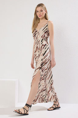 TRENDYOLMILLA Camel Leopar Desenli Kruvaze Y?rtmac Detayl? Maxi Dokuma Elbise TWOSS23EL01892 фото 13