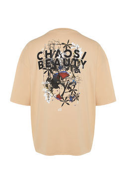 Bej Oversize/Genis Kesim S?rt Yaz? Bask?l? %100 Pamuklu T-Shirt TMNSS21TS2037