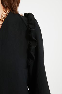 Siyah Duz Kesim Buzgulu F?rf?r Detayl? Mini Dokuma Elbise TWOAW22EL0762