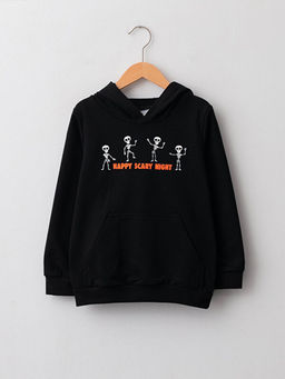 Kap??onlu Bask?l? Uzun Kollu Erkek ?ocuk Sweatshirt