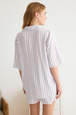 Trendyolmilla Pembe Cizgili Viskon Ustu Genis Kal?p Sortlu Dokuma Pijama Tak?m? THMSS21PT0179  фото 26