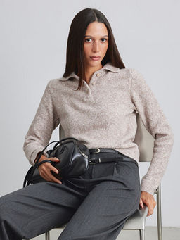 Polo Yaka Y?n Kar???ml? Kad?n Triko Kazak