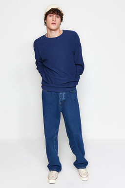 Lacivert Oversize/Genis Kesim Dokulu Yaka Detayl? Sweatshirt TMNAW24SW00233 - Trendyolmilla фото 2
