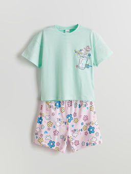 Bisiklet Yaka ?i?ekli K?z ?ocuk ?ortlu Pijama Tak?m?