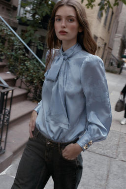 SATIN-FINISH JACQUARD SHIRT WITH BOW - Zara фото 12