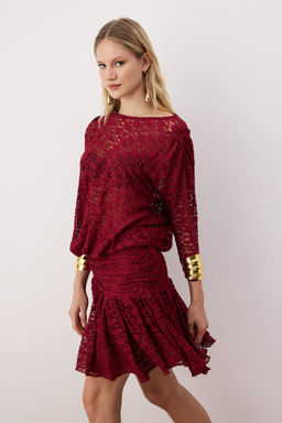 Bordo Boho Orme Dantel Mini Elbise TPRAW26EL00046