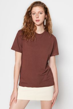 Kahverengi %100 Pamuk Bisiklet Yaka Oversize/Genis Kal?p Orme T-Shirt TWOSS20TS0134
