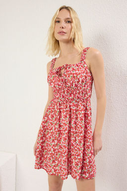 Pembe Cicekli Etegi Belden Ac?lan Lastikli Mini Dokuma Elbise TWOSS25EL00033 - Trendyolmilla фото 2