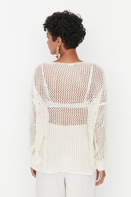 Ekru Ekstra Genis Kal?p Pamuklu Ajurlu/Delikli Triko Kazak TWOAW20FV0184