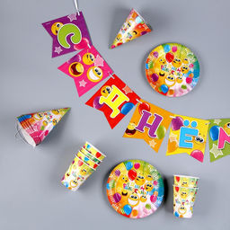 Набор бумажной посуды Смайлы: 6 тарелок, 1 гирлянда, 6 стаканов, 6 колпаков