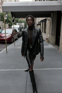 FAUX LEATHER DOUBLE-BREASTED BLAZER