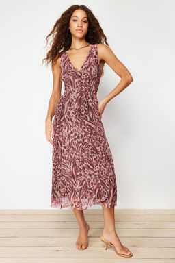 Kahverengi Animal/Leopar Bask?l? V Yaka Tul A-Line Midi Esnek Orme Elbise TWOSS24EL00384