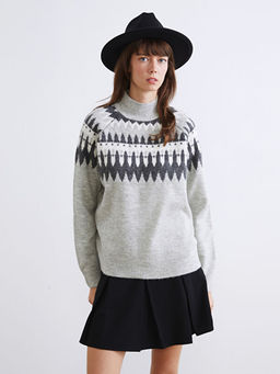 Yar?m Bal?k?? Yaka Desenli Kad?n Triko Kazak