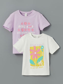 Bisiklet Yaka ?i?ekli K?z ?ocuk Ti??rt 2li