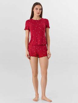 Комплект домашний женский красный с принтом в сердечко