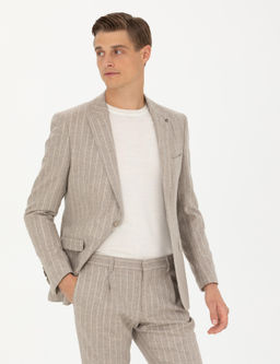 Бежевая классическая куртка приталенного кроя из шерсти и кашемира в полоску