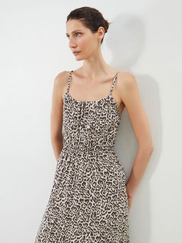 U Yaka Leopar Desenli Ask?l? B?zg?l? Elbise