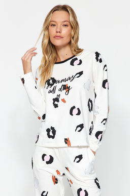 Beyaz %100 Pamuklu Leopar Desenli Sloganl? Tshirt-Jogger Orme Pijama Tak?m? THMAW24PT00211 - Trendyolmilla фото 5