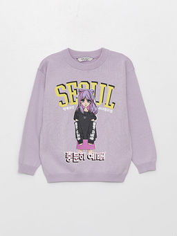 Bisiklet Yaka Bask?l? Uzun Kollu K?z ?ocuk Triko Kazak