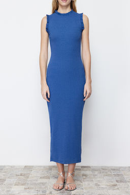 Indigo F?rf?r Detayl? Fitilli Vucuda Oturan Midi Esnek Orme Kalem Elbise TWOSS22EL1569