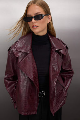 Bordo Regular Kal?p Suni Deri Biker Ince Ceket Mont TWOAW26MO00003