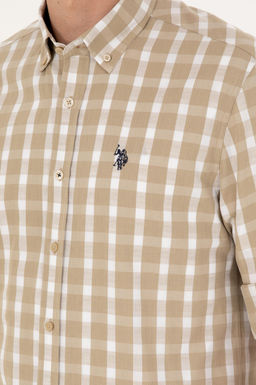 Рубашка мужская U.S. Polo Assn с длинным рукавом хлопок светло-хаки  фото 7