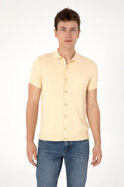 Erkek Slim Fit Bej D__meli Triko Ti__rt Sepette S_rpriz _ndirim