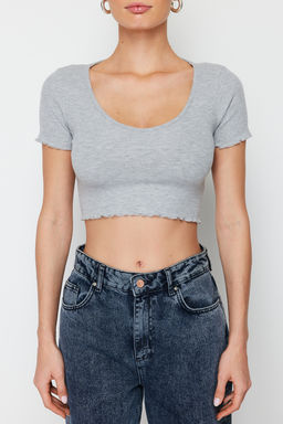 Siyah Havuz Yaka Baby Overlok Detayl? Crop Fitilli Esnek Orme Bluz TWOSS24BZ00197 - Trendyolmilla фото 12
