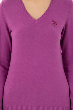 Женский фиолетовый базовый свитер с v-образным вырезом - U.s. polo assn фото 6