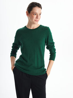 Bisiklet Yaka Kendinden Desenli Uzun Kollu Kad?n Triko Kazak