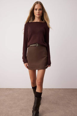 Koyu Kahverengi Yuksek Bel A-Line Mini Dokuma Etek TWOSS22ET0136