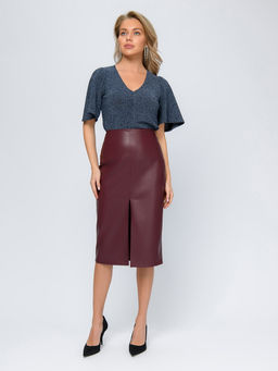 Блуза синего цвета с V-образным вырезом и широкими рукавами - 1001dress фото 2