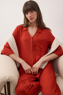 Kiremit Gomlek Yaka Cepli ve Y?rtmacl? Viskon Orme Pijama Tak?m? THMAW26PT00184 - Trendyolmilla фото 2