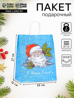 Цена за 5 шт. Пакет бумажный подарочный новогодний крафт Дедушка мороз 22?12?27 см