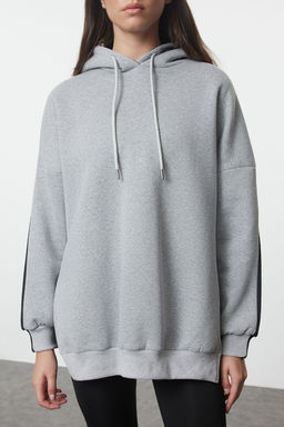 Antrasit Pamuklu Renk Bloklu Genis Kal?p Ici Polarl? Orme Spor Sweatshirt TWOSS22SW0074