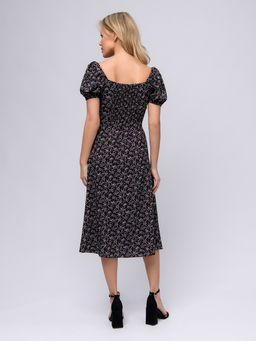 Платье черного цвета с принтом длины миди со сборкой на лифе и короткими рукавами - 1001dress фото 3