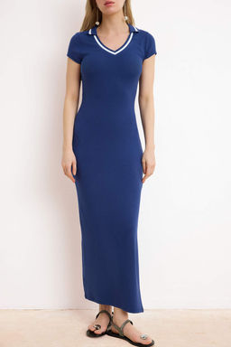 Lacivert Cizgili Bodycon V Yaka Ay Kol K?sa Kollu Maxi Yumusak Orme Elbise TWOSS26EL00257