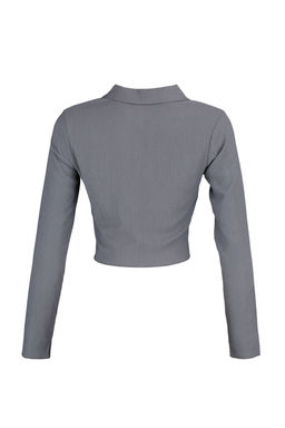 Gri Dugmeli Fitted/Vucuda Oturan Polo Yaka Burumcuk/Dokulu Crop Orme Bluz TWOAW22BZ0241 - Trendyolmilla фото 2